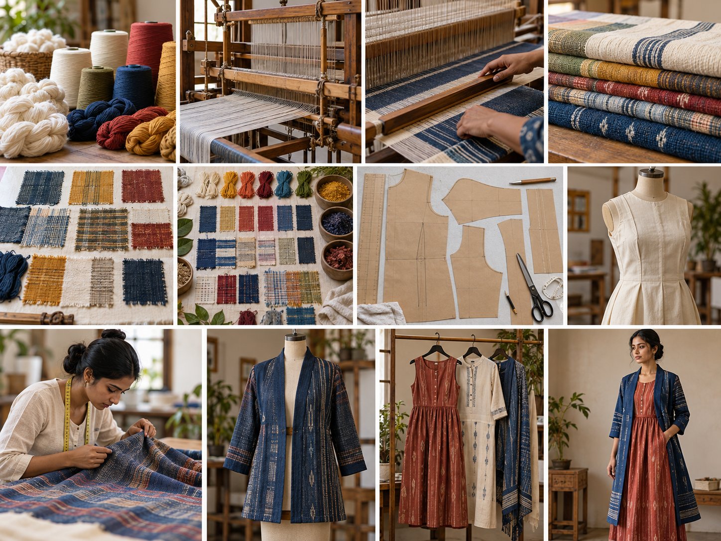 Yarn, weaving, textile sampling, pattern development, garment prototyping and quality inspection in craft-based fashion production.