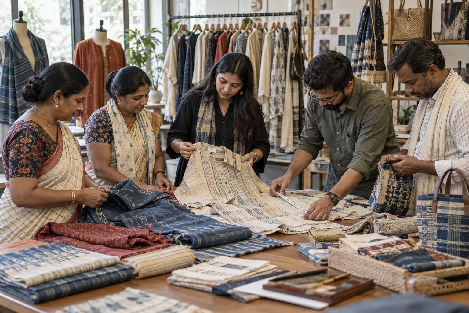 Artisans and fashion professionals reviewing handwoven products, measurements and finishing before a collection enters retail.