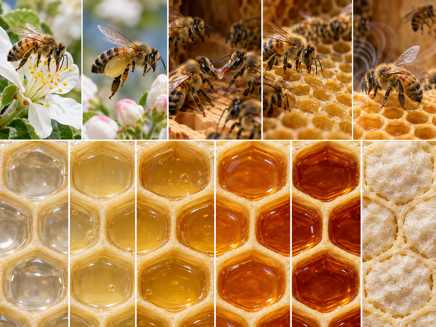 Beekeeper inspecting capped honeycomb in a hive surrounded by flowering agricultural vegetation