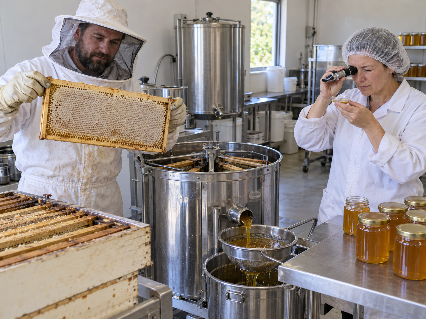 Unlabeled visual sequence showing nectar collection, ripening and storage as capped honey in a honeybee comb