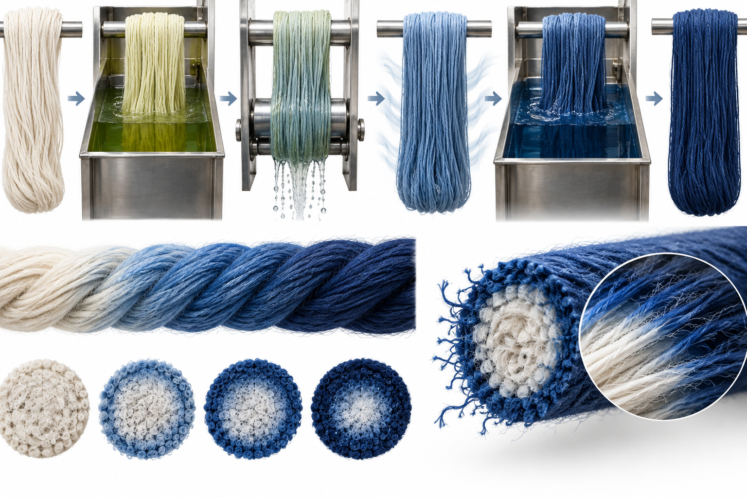 Technical sequence showing repeated indigo dipping and oxidation with a yarn cross-section illustrating surface ring dyeing.