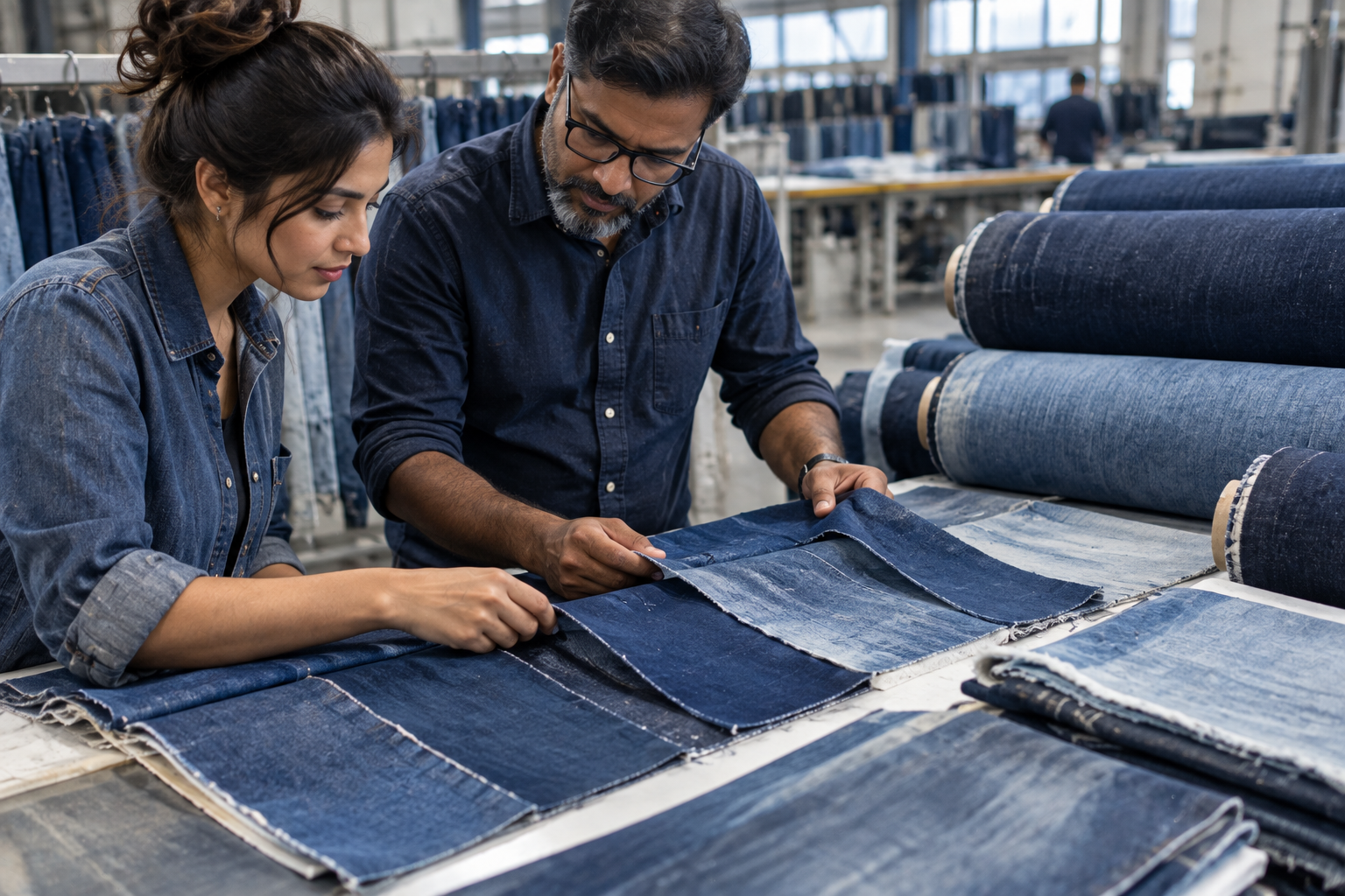 A denim designer and textile technician compare indigo-dyed fabric swatches showing different shades and fading effects.